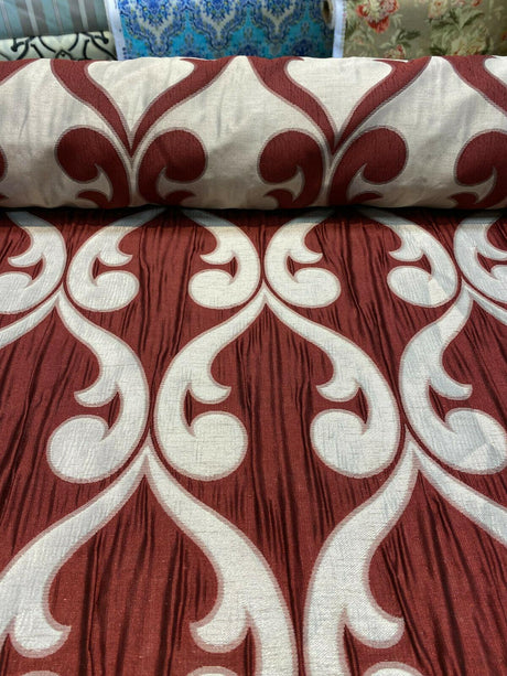 Fleur De Lis Ruby Red Jacquard Reversible Fabric - Ruby Red Fleur De Lis Damask, 58" Width (1 Yard)