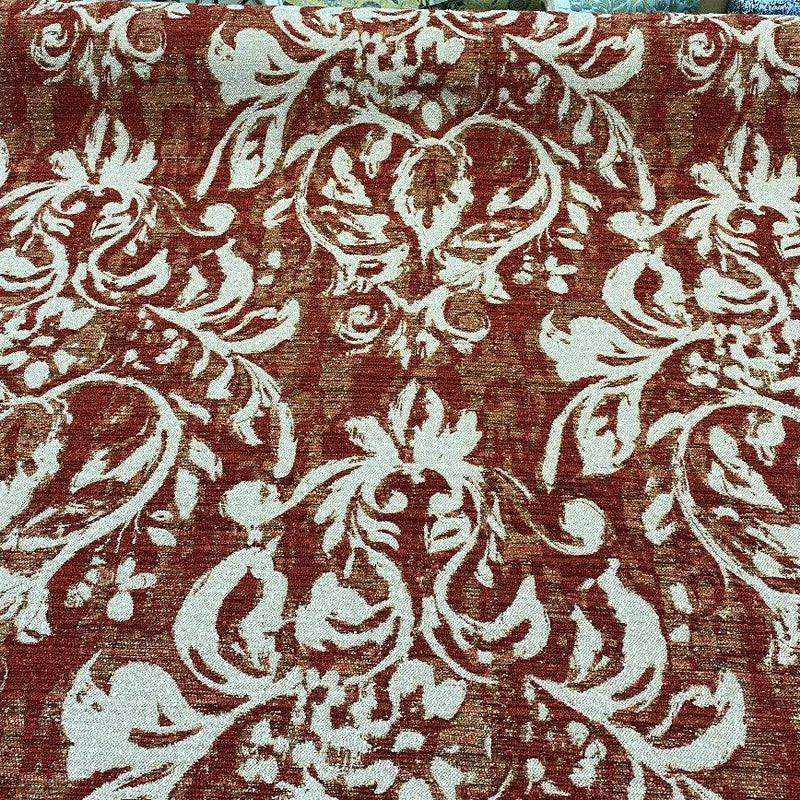Mill Creek Moldavia Chenille Tapestry Upholstery Fabric - Ruby Red, Gold Floral Pattern, 56" Width (1 Yard)