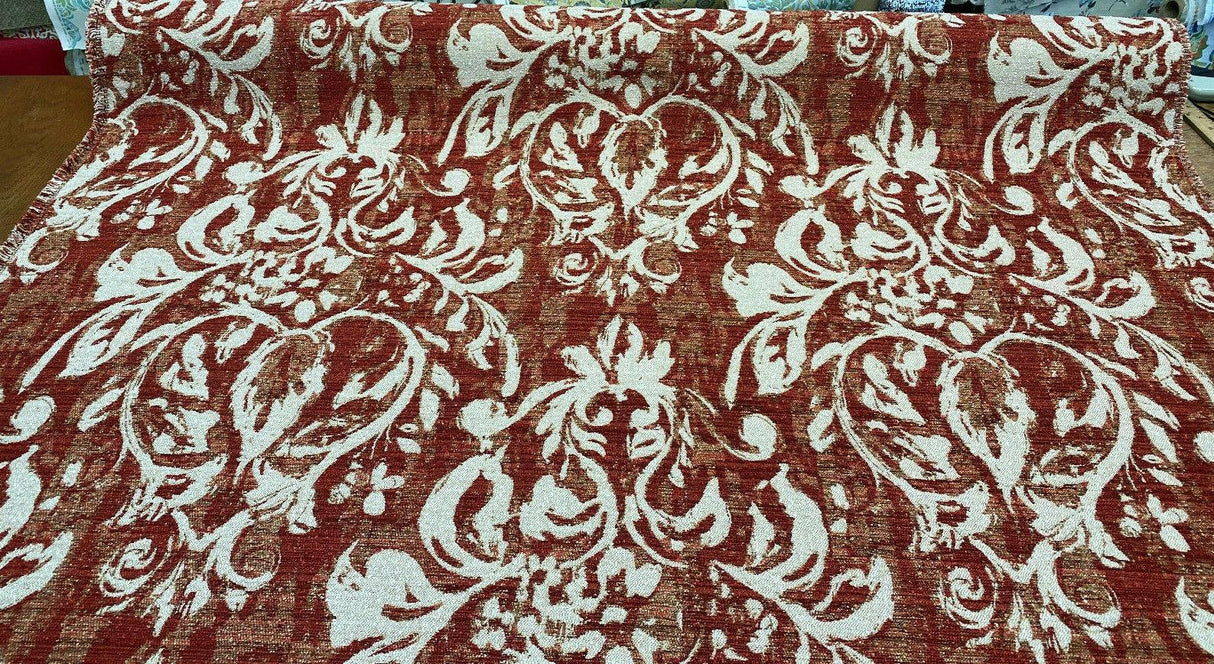 Mill Creek Moldavia Chenille Tapestry Upholstery Fabric - Ruby Red, Gold Floral Pattern, 56" Width (1 Yard)