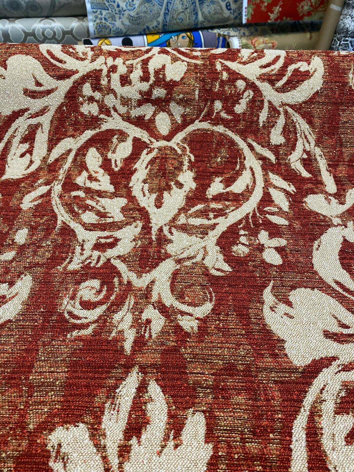 Mill Creek Moldavia Chenille Tapestry Upholstery Fabric - Ruby Red, Gold Floral Pattern, 56" Width (1 Yard)