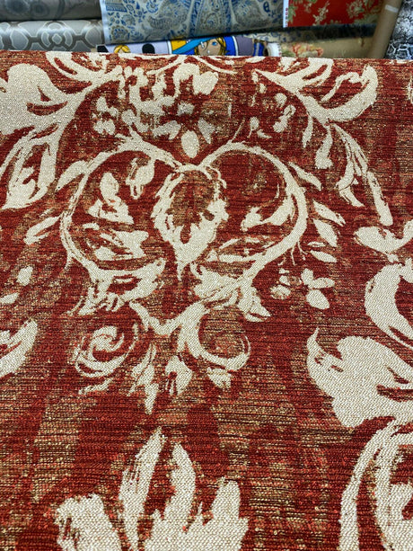 Mill Creek Moldavia Chenille Tapestry Upholstery Fabric - Ruby Red, Gold Floral Pattern, 56" Width (1 Yard)