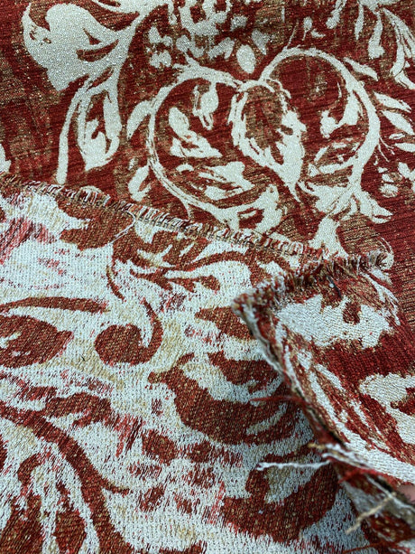 Mill Creek Moldavia Chenille Tapestry Upholstery Fabric - Ruby Red, Gold Floral Pattern, 56" Width (1 Yard)