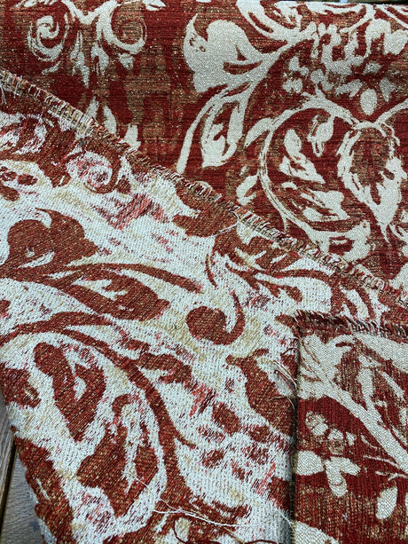 Mill Creek Moldavia Chenille Tapestry Upholstery Fabric - Ruby Red, Gold Floral Pattern, 56" Width (1 Yard)