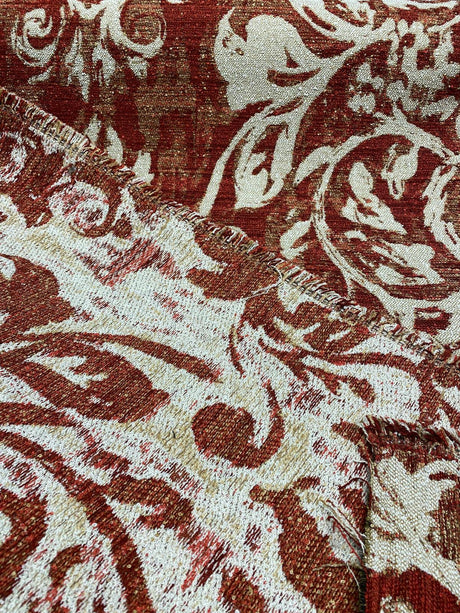 Mill Creek Moldavia Chenille Tapestry Upholstery Fabric - Ruby Red, Gold Floral Pattern, 56" Width (1 Yard)