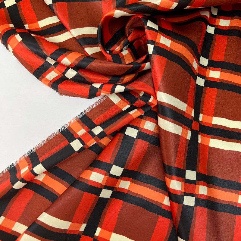 Polyester Sateen Checked Red Brown