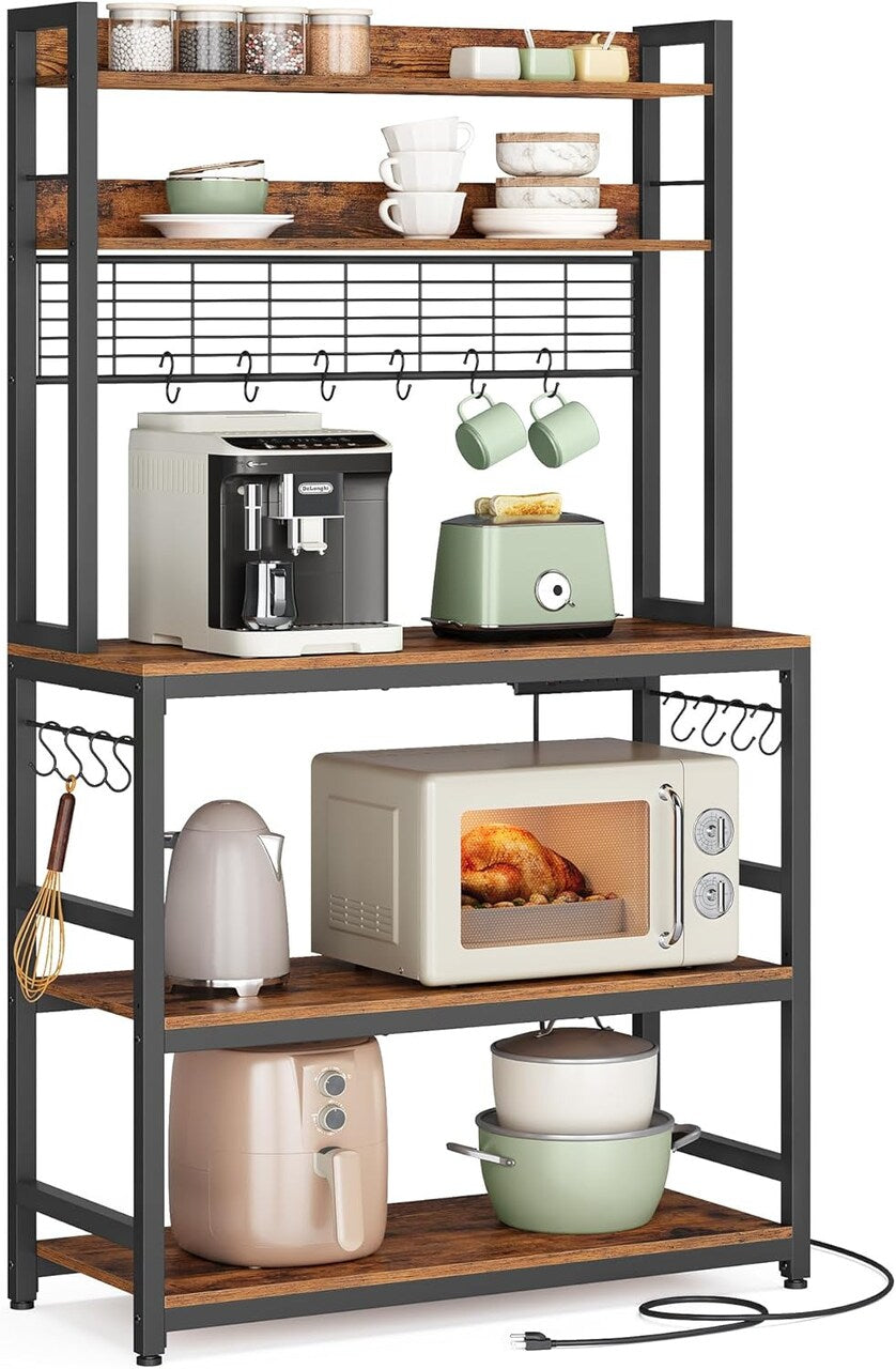 VASAGLE 5-Tier Bakers Rack with Power Outlet – Kitchen Storage Shelf, Rustic Brown & Black