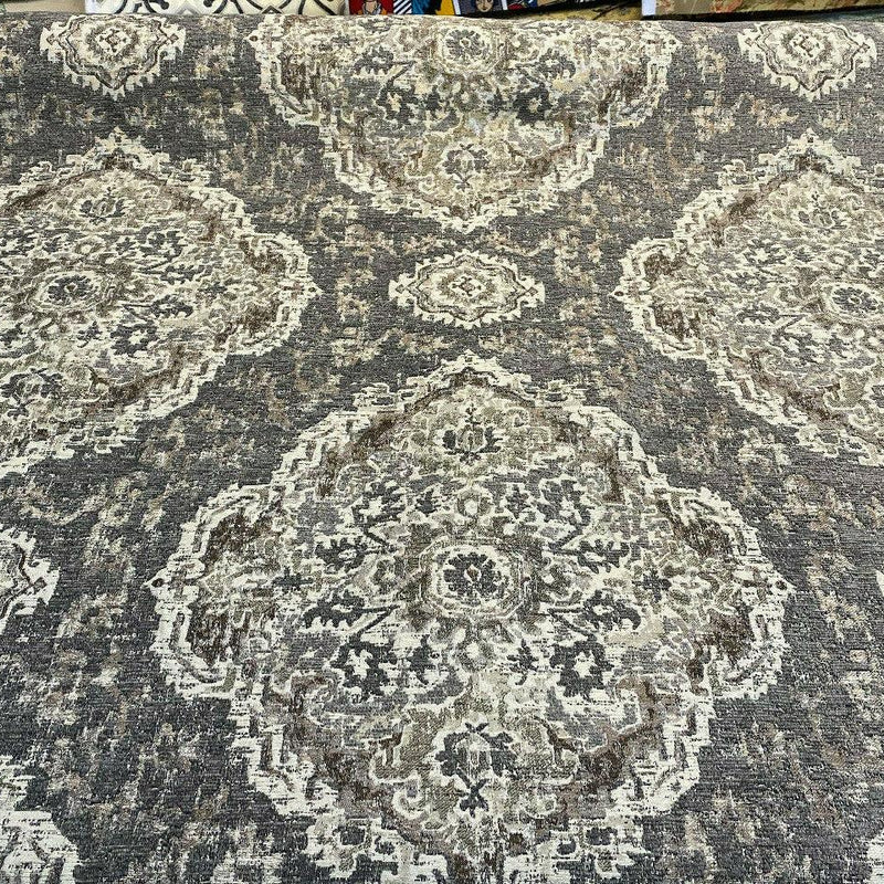 Eastview Steel Damask Chenille Upholstery Fabric - Steel Gray Brown Beige Black Damask, 57" Width (By The Yard)