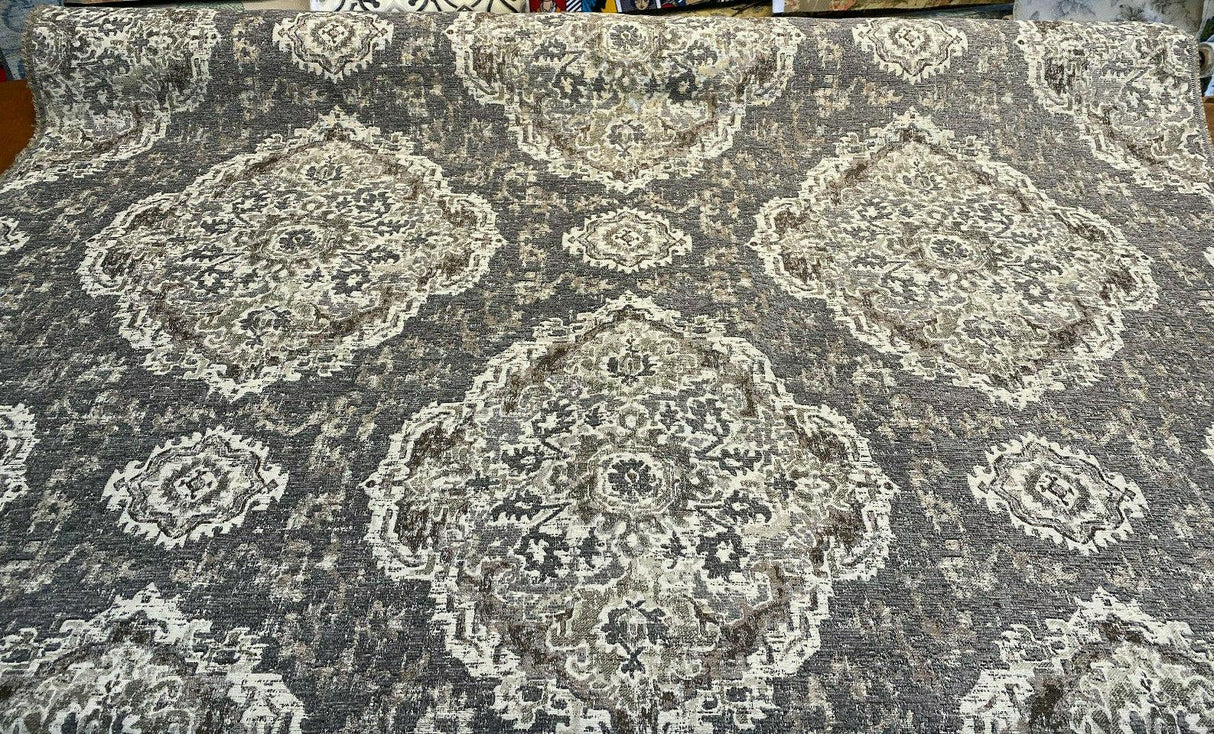 Eastview Steel Damask Chenille Upholstery Fabric - Steel Gray Brown Beige Black Damask, 57" Width (By The Yard)