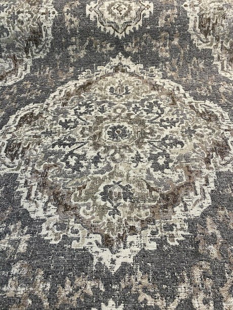 Eastview Steel Damask Chenille Upholstery Fabric - Steel Gray Brown Beige Black Damask, 57" Width (By The Yard)