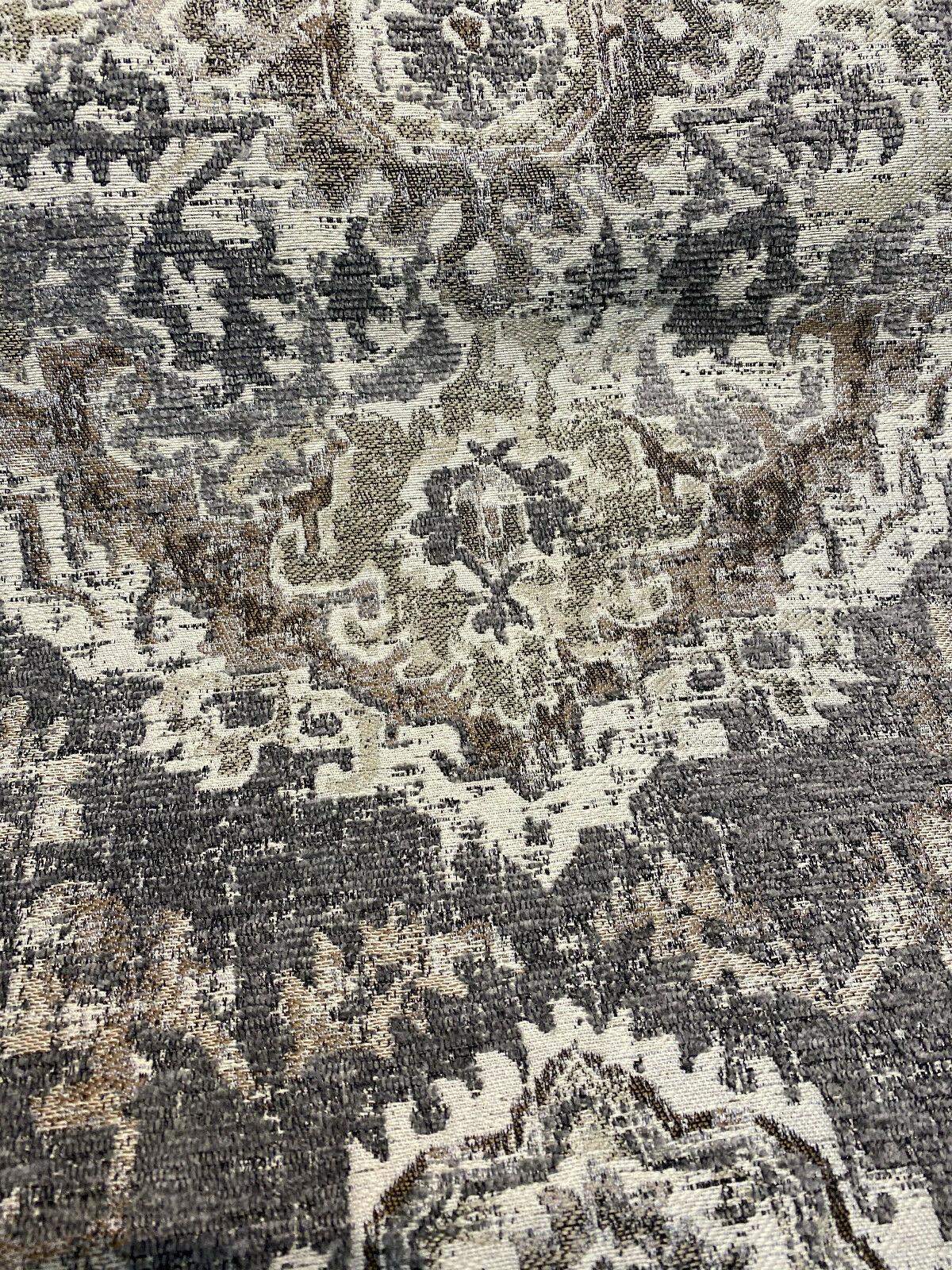 Eastview Steel Damask Chenille Upholstery Fabric - Steel Gray Brown Beige Black Damask, 57" Width (By The Yard)