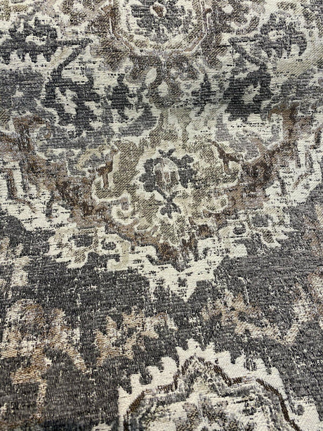 Eastview Steel Damask Chenille Upholstery Fabric - Steel Gray Brown Beige Black Damask, 57" Width (By The Yard)