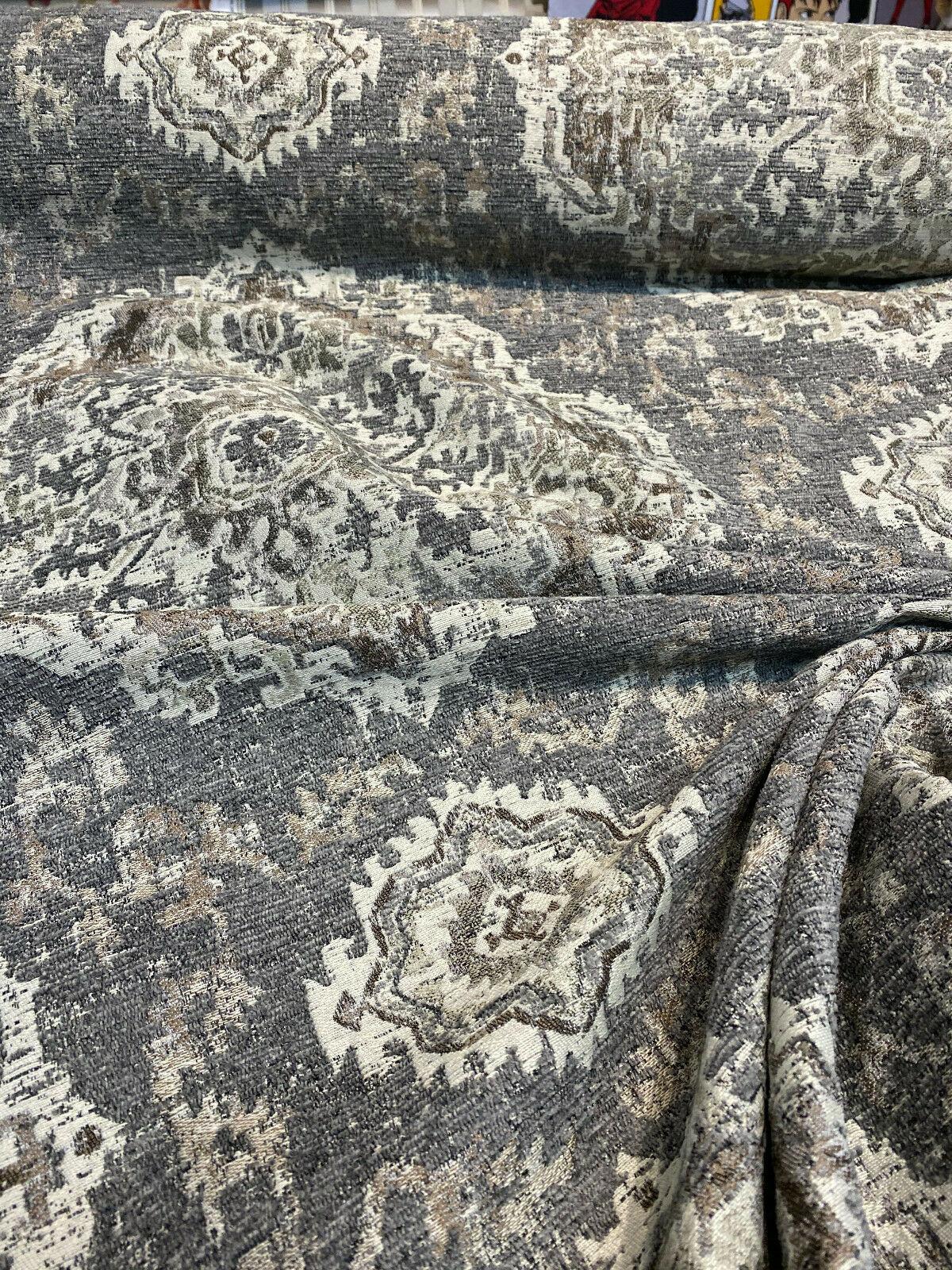 Eastview Steel Damask Chenille Upholstery Fabric - Steel Gray Brown Beige Black Damask, 57" Width (By The Yard)