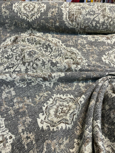 Eastview Steel Damask Chenille Upholstery Fabric - Steel Gray Brown Beige Black Damask, 57" Width (By The Yard)