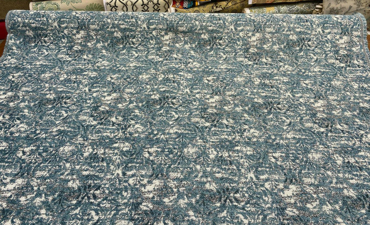 Mill Creek Beecher Chenille Upholstery Fabric - Aqua Teal Damask Inspired Pattern, 54" Width (1 Yard)