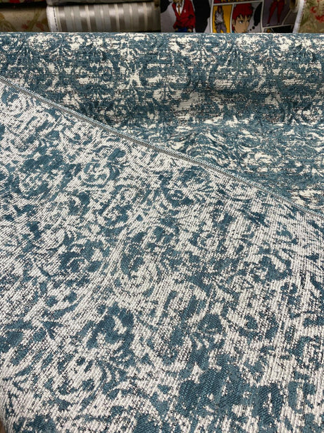 Mill Creek Beecher Chenille Upholstery Fabric - Aqua Teal Damask Inspired Pattern, 54" Width (1 Yard)