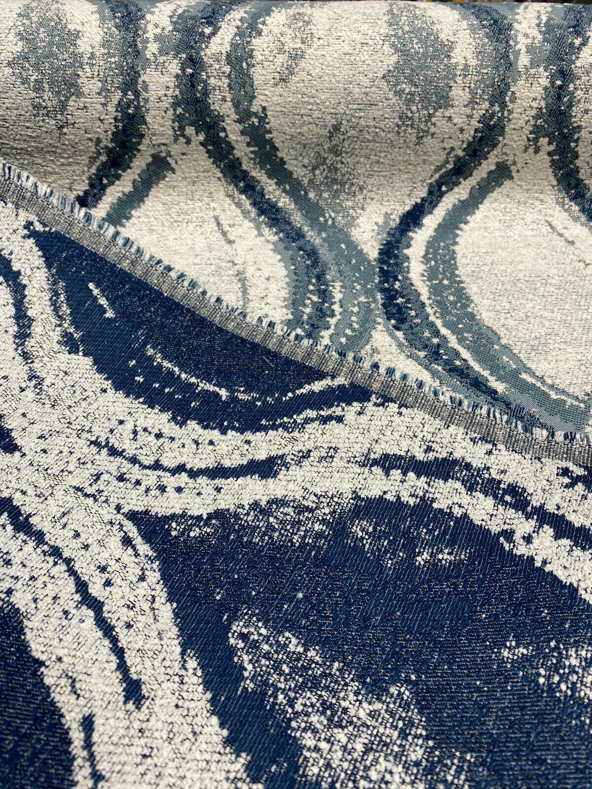 Off The Rails Trellis Chenille Polyester Fabric - Pacific Blue, White, Indigo Blue Trellis, 58" Width (1 Yard)