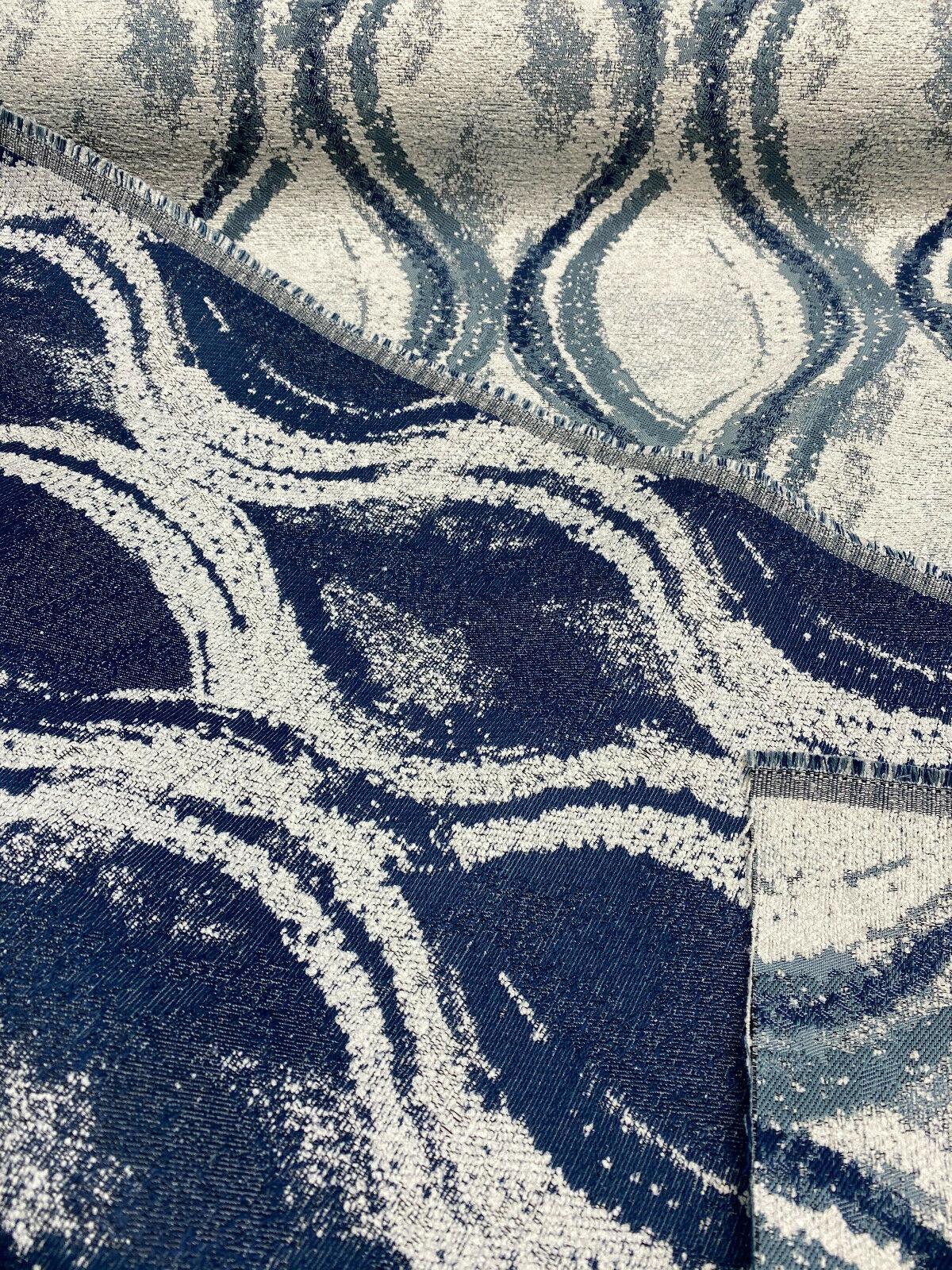 Off The Rails Trellis Chenille Polyester Fabric - Pacific Blue, White, Indigo Blue Trellis, 58" Width (1 Yard)