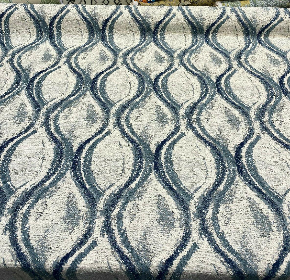 Off The Rails Trellis Chenille Polyester Fabric - Pacific Blue, White, Indigo Blue Trellis, 58" Width (1 Yard)