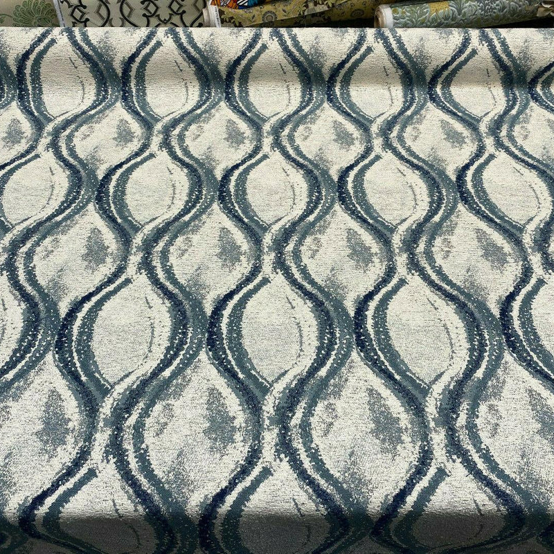 Off The Rails Trellis Chenille Polyester Fabric - Pacific Blue, White, Indigo Blue Trellis, 58" Width (1 Yard)