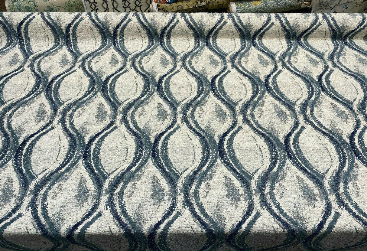 Off The Rails Trellis Chenille Polyester Fabric - Pacific Blue, White, Indigo Blue Trellis, 58" Width (1 Yard)