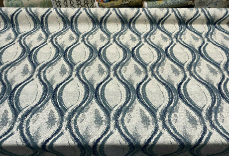 Off The Rails Trellis Chenille Polyester Fabric - Pacific Blue, White, Indigo Blue Trellis, 58" Width (1 Yard)
