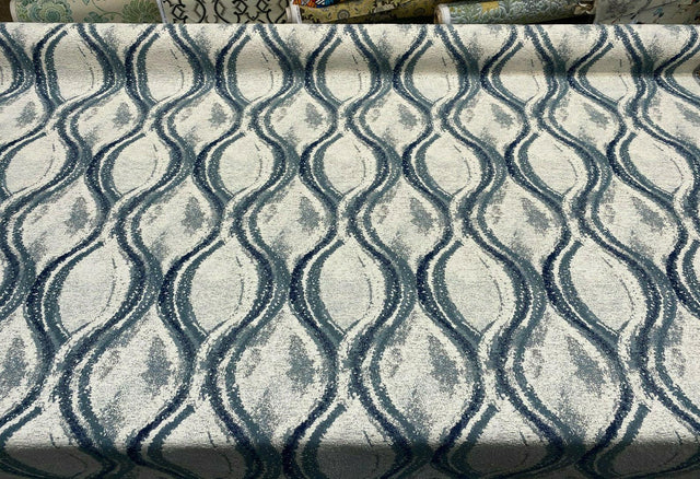 Off The Rails Trellis Chenille Polyester Fabric - Pacific Blue, White, Indigo Blue Trellis, 58" Width (1 Yard)