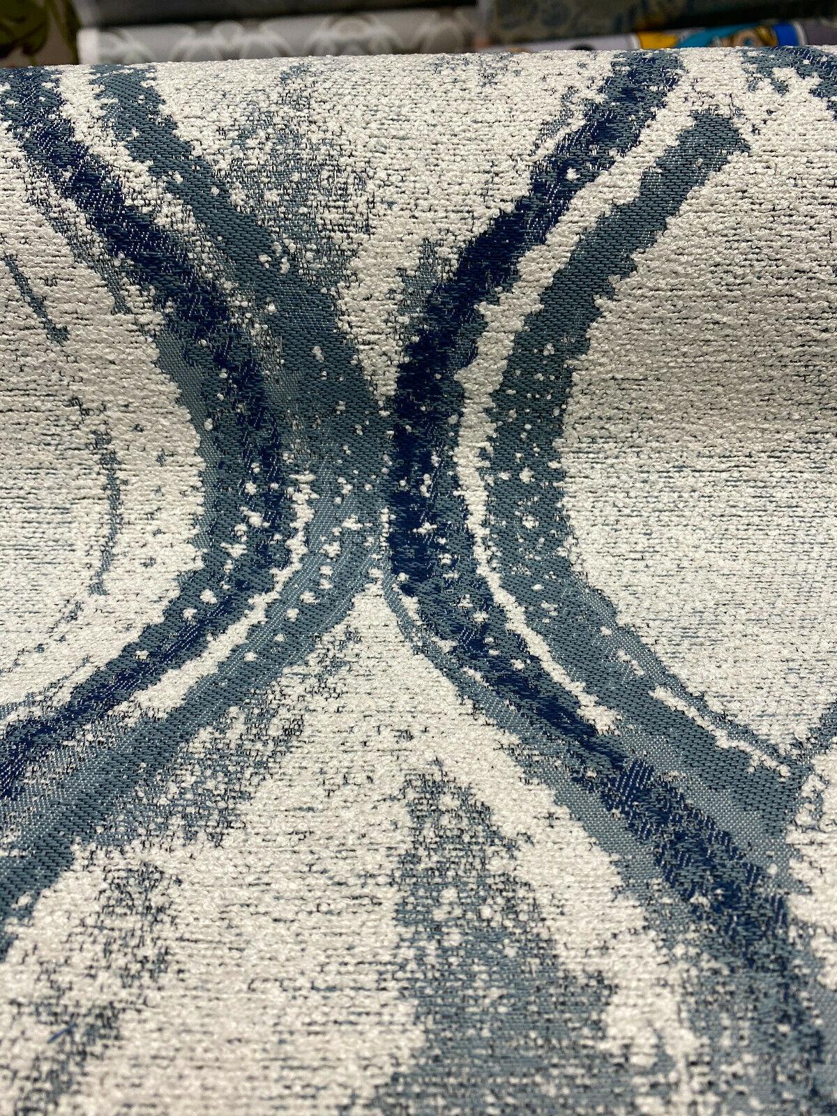 Off The Rails Trellis Chenille Polyester Fabric - Pacific Blue, White, Indigo Blue Trellis, 58" Width (1 Yard)