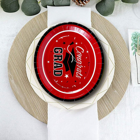 Betallic Congrats Graduation Party Red School Colors Paper Banquet Plates 25 Count Disposable Dinner Plates 11 3/4" x 10"