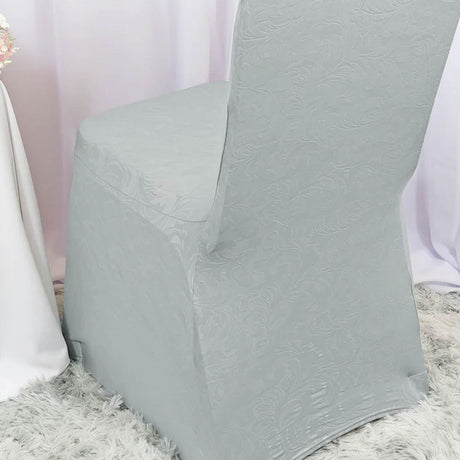 1 Funda para silla de banquete vintage en spandex plateado con relieve, funda elegante para eventos