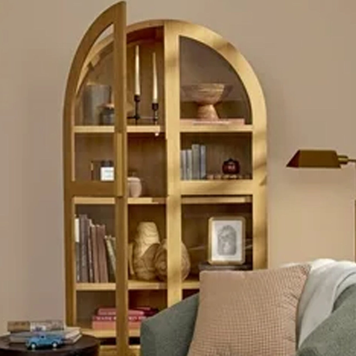 71" Tall Arched Display Cabinet, 5-Tier Bookshelf Modern Farmhouse Arched Bookcase with Glass Doors and Shelves, Wooden Pantry Storage Cabinet for Living Room, Office and Kitchen, Black