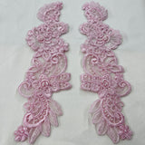 Beaded Corded Floral Lace Applique Polyester Fabric - Floral Embroidered Organza, 10" X 3" Each Side, 4 Colors (1 Pair)