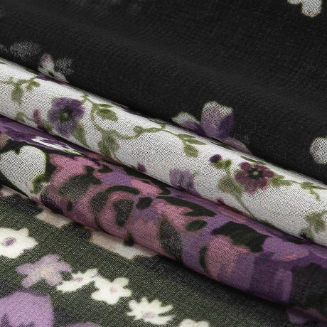 Purple, Green and Black Patchwork Floral Polyester Chiffon