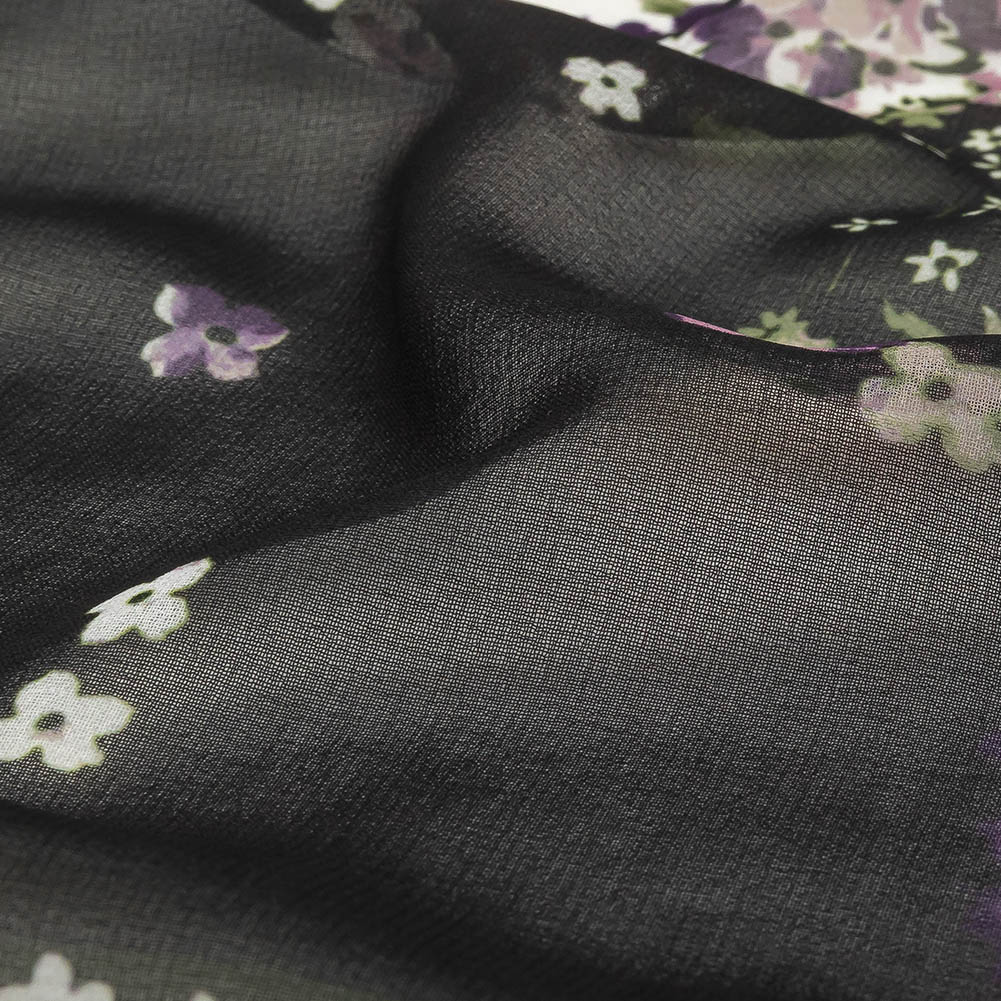 Purple, Green and Black Patchwork Floral Polyester Chiffon