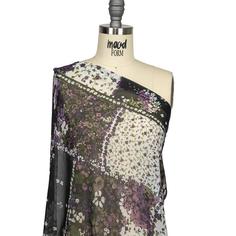 Purple, Green and Black Patchwork Floral Polyester Chiffon
