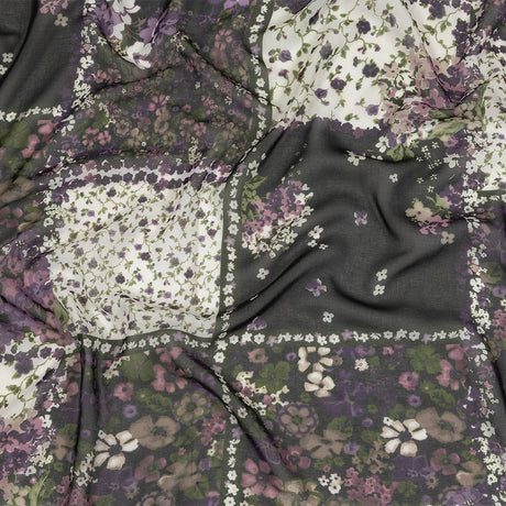 Purple, Green and Black Patchwork Floral Polyester Chiffon