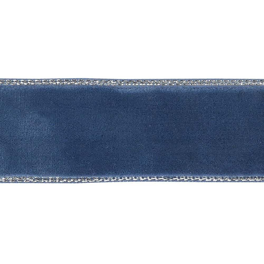 Navy Peony and Silver Metallic Lined Velvet Ribbon - 0.875"