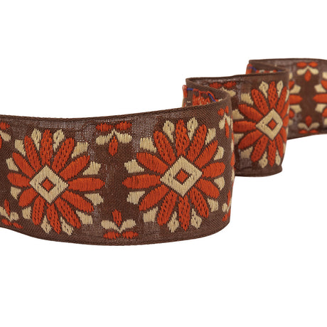 Brown, Orange and Ivory Floral German Jacquard Cotton Ribbon - 2"