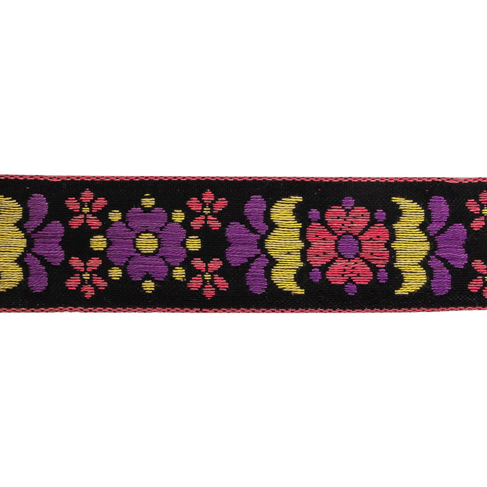 Black, Pink, Yellow and Sunset Purple Floral German Jacquard Cotton Ribbon - 0.9375"