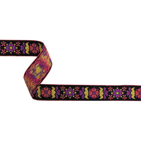 Black, Pink, Yellow and Sunset Purple Floral German Jacquard Cotton Ribbon - 0.9375"