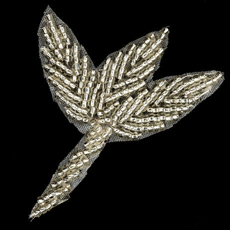 Platinum Frosting and Warm Gray Beaded Leaf Applique - 2" x 2.375"