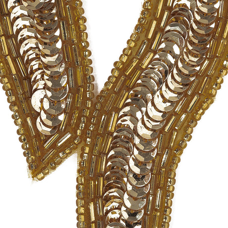 Fleur De Lis, Glamour Gold and Jurassic Gold Beaded and Sequins Applique - 5.625" x 2.5"
