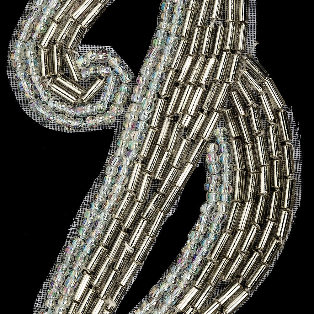 Platinum Frosting and Ice Flow Bugle and Seed Beaded Applique - 6.125" x 2"