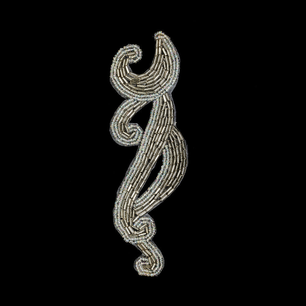 Platinum Frosting and Ice Flow Bugle and Seed Beaded Applique - 6.125" x 2"