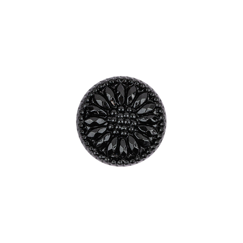 Vintage Black Floral Shank Back Glass Button - 22L/14mm