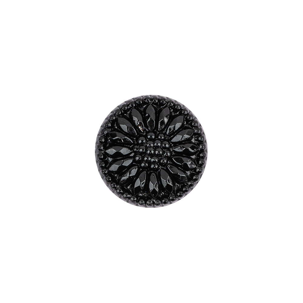 Vintage Black Floral Shank Back Glass Button - 22L/14mm