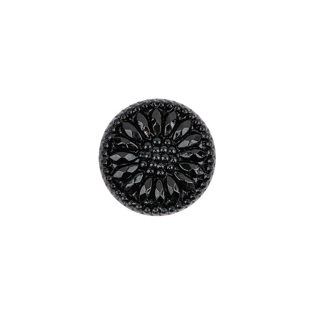 Vintage Black Floral Shank Back Glass Button - 22L/14mm