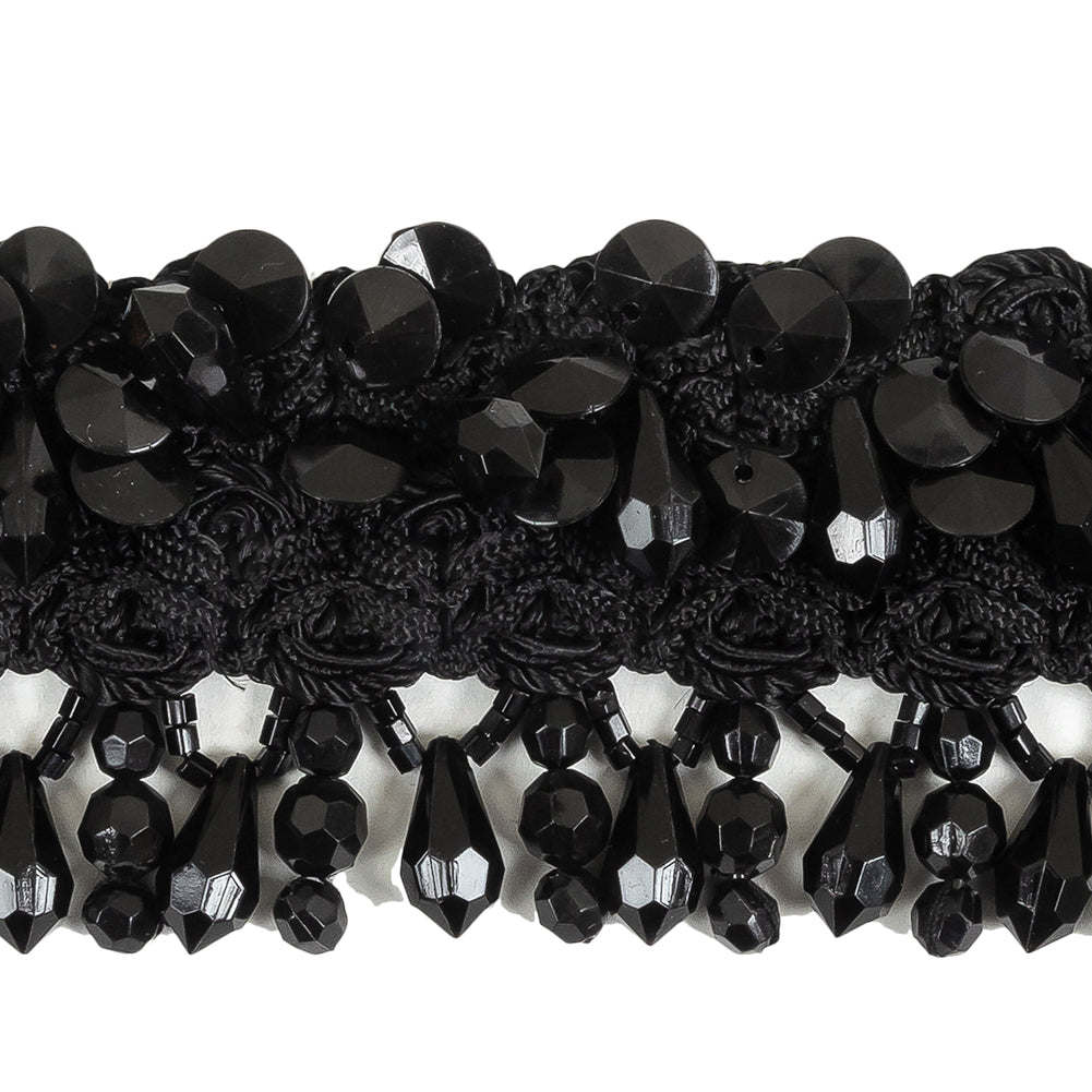 Vintage Black Ornate Braided Trim with Beaded Fringe - 2.25"