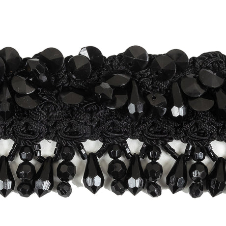 Vintage Black Ornate Braided Trim with Beaded Fringe - 2.25"