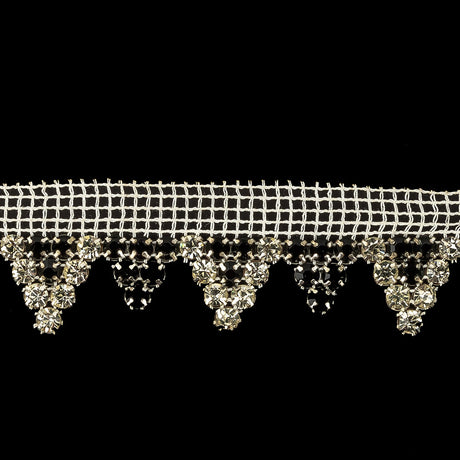 Vintage Czech Crystal and Jet Rhinestones in Silver Settings on White Mesh Trimming - 1.1875"