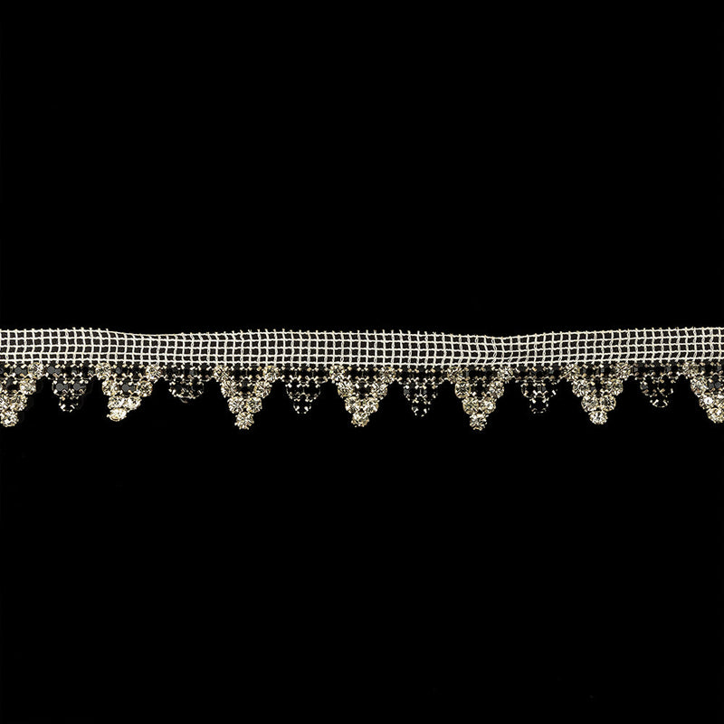 Vintage Czech Crystal and Jet Rhinestones in Silver Settings on White Mesh Trimming - 1.1875"